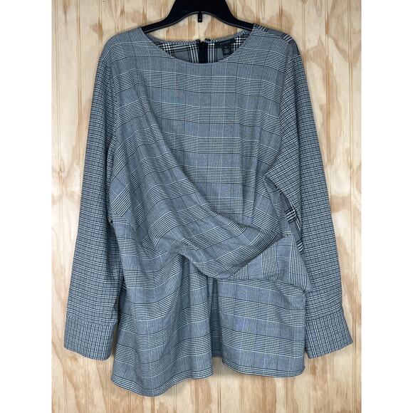 Halogen 2X Black White Plaid Houndstooth Faux Tie Waist Shirt Long Sleeve Blouse - Picture 10 of 10